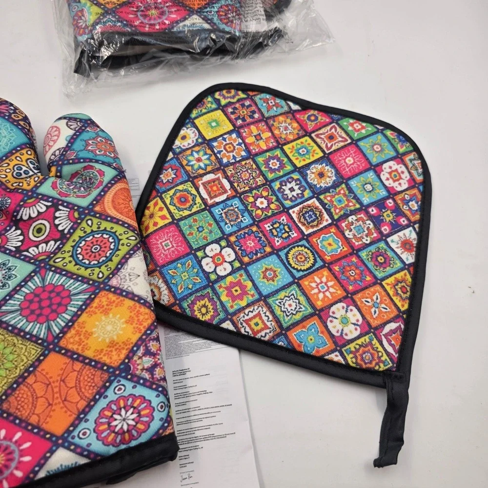 Mandala Patchwork Oven Mitt and Pot Holder Set 3 Piece Colorful Boho Kitchen L4